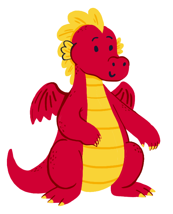 Martin D. Swann, a red dragon with a golden crest and yellow belly, smiling
