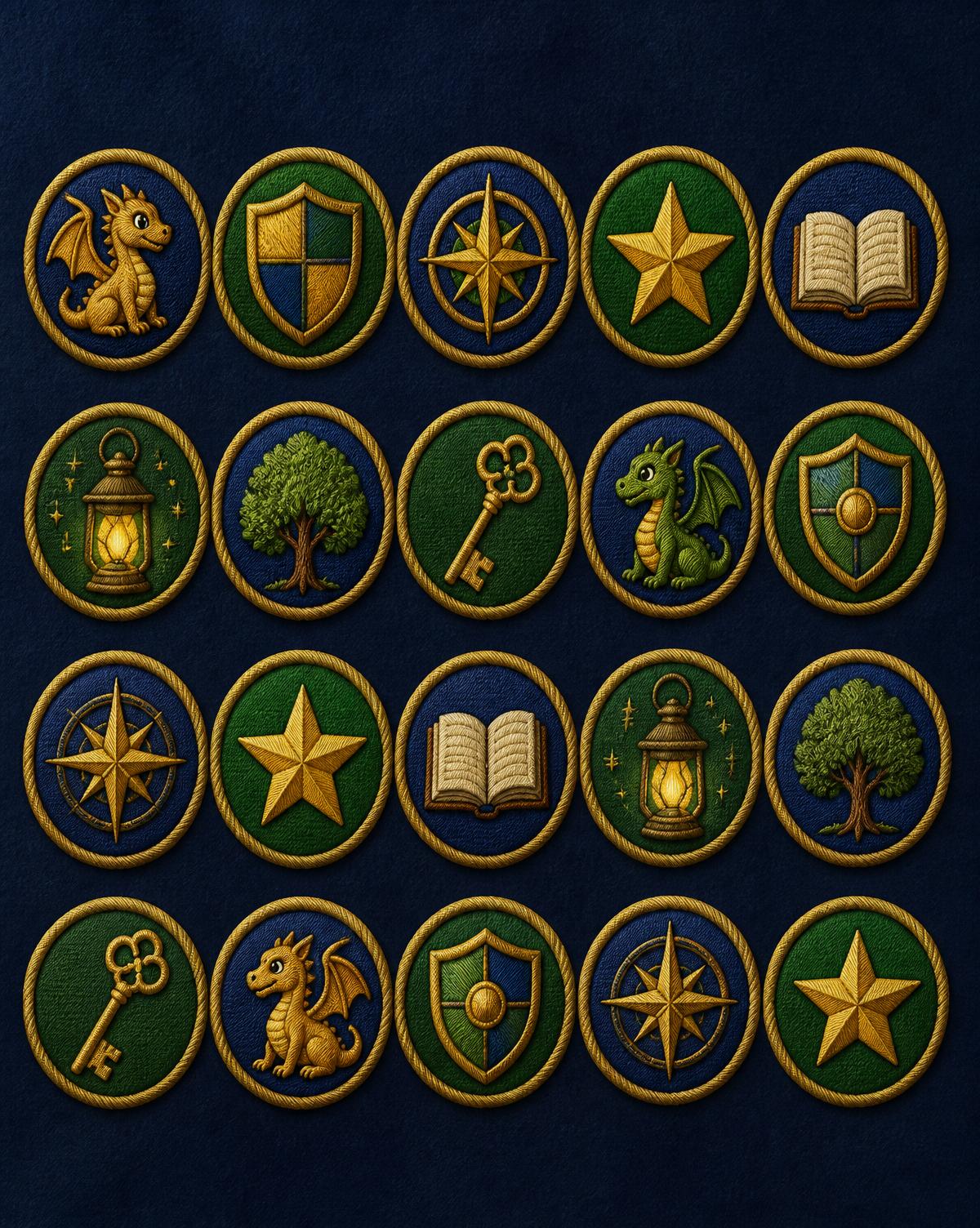 Badge display poster mockup with a grid of gold, deep blue and green adventure badges